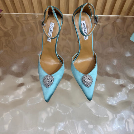 AQUAZZURA 26S POINTED-TOE HIGH HEELS 100 MM IN LIGHT BLUE SATIN