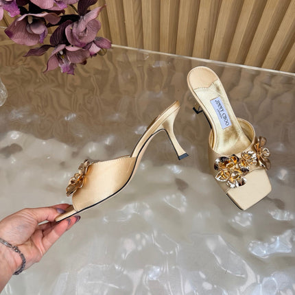 JIMMY CHOO 26S HEEL SANDALS 70 MM IN LIGHT METALLIC GOLD SATIN WITH GOLD HARDWARE