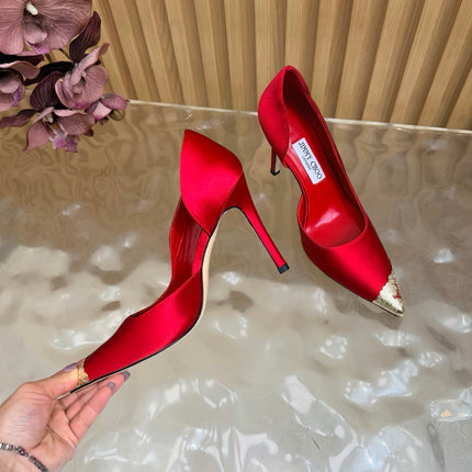 JIMMY CHOO 26S CUTOUT PUMPS 105 MM IN RED SATIN WITH METAL TOE CAP