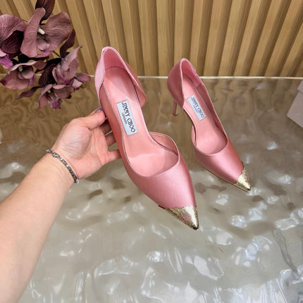 JIMMY CHOO 26S CUTOUT PUMPS 105 MM IN LIGHT PINK SATIN WITH METAL TOE CAP