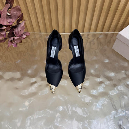 JIMMY CHOO 26S CUTOUT PUMPS 105 MM IN BLACK SATIN WITH METAL TOE CAP
