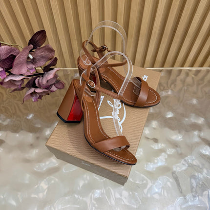 CHRISTIAN LOUBOUTIN 26S SQUARE-HEEL SANDALS 85 MM IN BROWN CALFSKIN