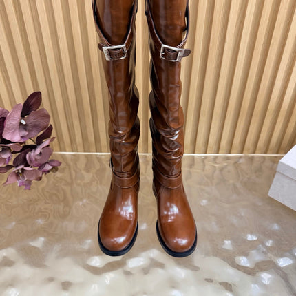 JIMMY CHOO 26S BROOKLYN KNEE BOOTS IN BROWN GLOSSY CALFSKIN