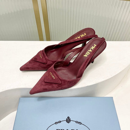 PRADA 26S SLINGBACK HIGH HEEL SANDALS 75MM IN DARK RED SUEDE WITH LOGO