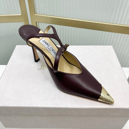 JIMMY CHOO 26S SLINGBACK HEELS 85 MM IN BURGUNDY CALFSKIN WITH METAL TOE CAP