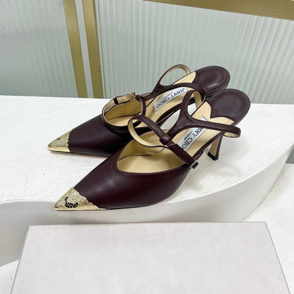 JIMMY CHOO 26S SLINGBACK HEELS 85 MM IN BURGUNDY CALFSKIN WITH METAL TOE CAP