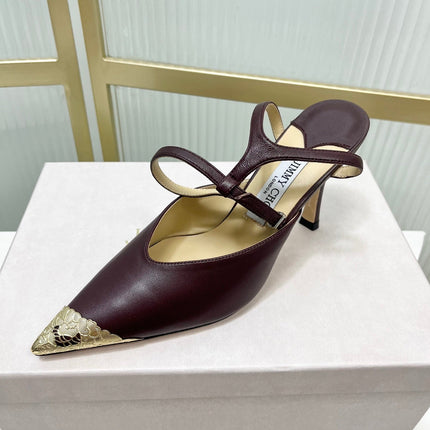 JIMMY CHOO 26S SLINGBACK HEELS 85 MM IN BURGUNDY CALFSKIN WITH METAL TOE CAP