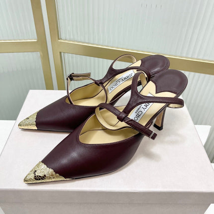 JIMMY CHOO 26S SLINGBACK HEELS 85 MM IN BURGUNDY CALFSKIN WITH METAL TOE CAP