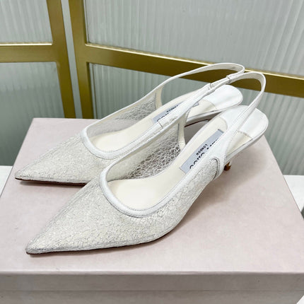 JIMMY CHOO 26S SLINGBACK PUMPS 65 MM IN WHITE GLITTER MESH