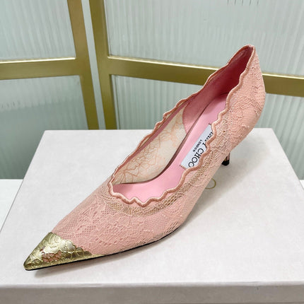 JIMMY CHOO 26S HIGH HEELS 65 MM IN PALE PINK LACE WITH METAL TOE CAP