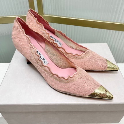 JIMMY CHOO 26S HIGH HEELS 65 MM IN PALE PINK LACE WITH METAL TOE CAP