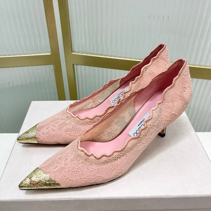 JIMMY CHOO 26S HIGH HEELS 65 MM IN PALE PINK LACE WITH METAL TOE CAP