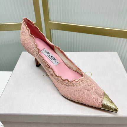 JIMMY CHOO 26S HIGH HEELS 65 MM IN PALE PINK LACE WITH METAL TOE CAP