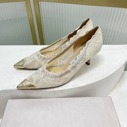JIMMY CHOO 26S HIGH HEELS 65 MM IN CREAM WHITE LACE WITH METAL TOE CAP