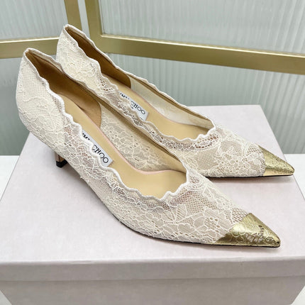 JIMMY CHOO 26S HIGH HEELS 65 MM IN CREAM WHITE LACE WITH METAL TOE CAP