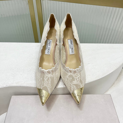 JIMMY CHOO 26S HIGH HEELS 65 MM IN CREAM WHITE LACE WITH METAL TOE CAP
