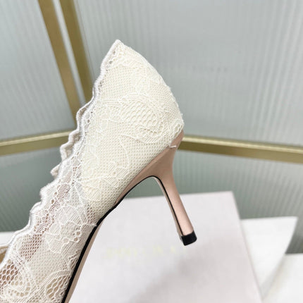 JIMMY CHOO 26S HIGH HEELS 65 MM IN CREAM WHITE LACE WITH METAL TOE CAP
