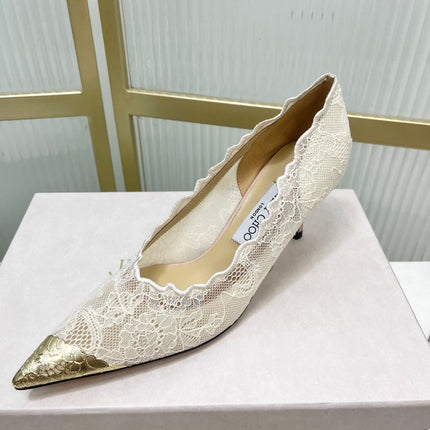 JIMMY CHOO 26S HIGH HEELS 65 MM IN CREAM WHITE LACE WITH METAL TOE CAP
