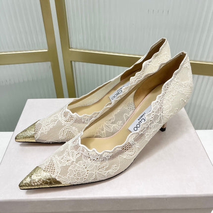 JIMMY CHOO 26S HIGH HEELS 65 MM IN CREAM WHITE LACE WITH METAL TOE CAP