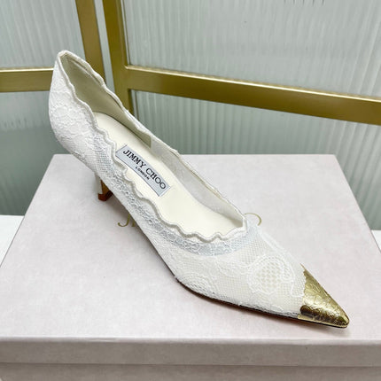 JIMMY CHOO 26S HIGH HEELS 65 MM IN WHITE LACE WITH METAL TOE CAP