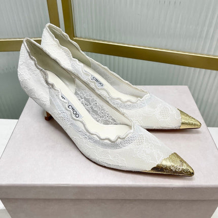 JIMMY CHOO 26S HIGH HEELS 65 MM IN WHITE LACE WITH METAL TOE CAP