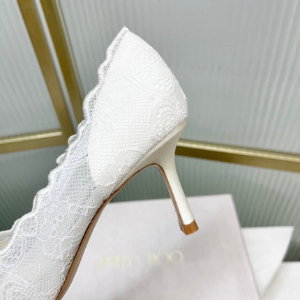 JIMMY CHOO 26S HIGH HEELS 65 MM IN WHITE LACE WITH METAL TOE CAP