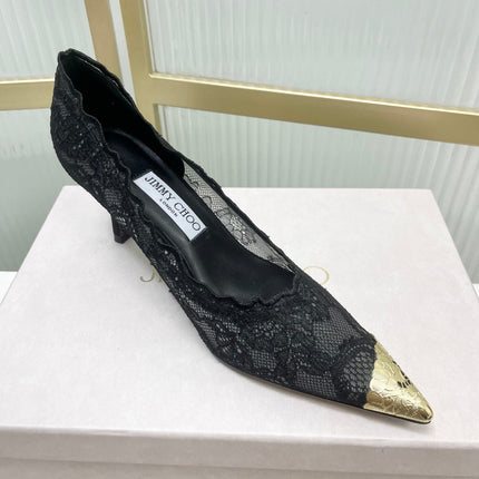JIMMY CHOO 26S HIGH HEELS 65 MM IN BLACK LACE WITH METAL TOE CAP