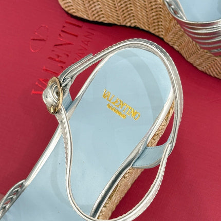 VALENTINO 26S ESPADRILLE WEDGE SANDALS 120 MM IN SILVER CALFSKIN