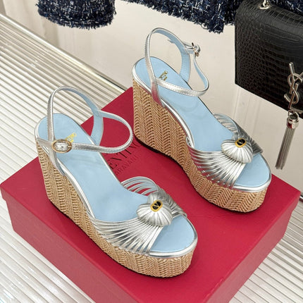 VALENTINO 26S ESPADRILLE WEDGE SANDALS 120 MM IN SILVER CALFSKIN