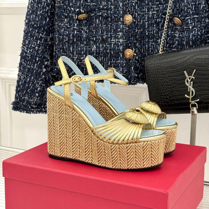 VALENTINO 26S ESPADRILLE WEDGE SANDALS 120 MM IN GOLD CALFSKIN