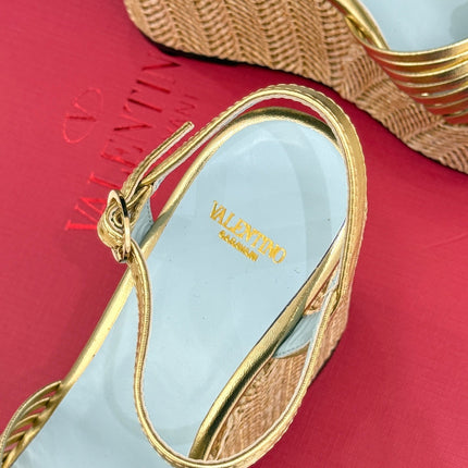 VALENTINO 26S ESPADRILLE WEDGE SANDALS 120 MM IN GOLD CALFSKIN