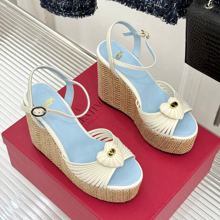 VALENTINO 26S ESPADRILLE WEDGE SANDALS 120 MM IN CREAM WHITE CALFSKIN