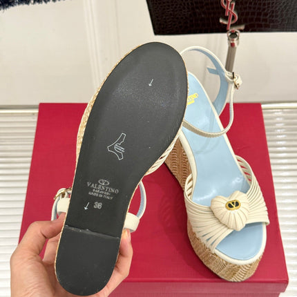 VALENTINO 26S ESPADRILLE WEDGE SANDALS 120 MM IN CREAM WHITE CALFSKIN