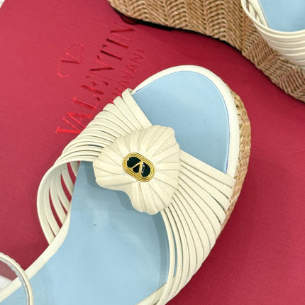 VALENTINO 26S ESPADRILLE WEDGE SANDALS 120 MM IN CREAM WHITE CALFSKIN