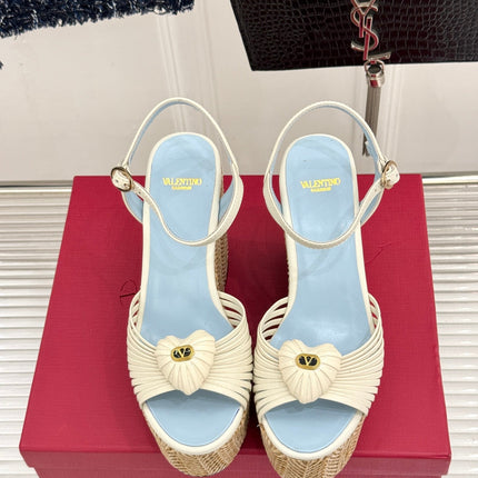 VALENTINO 26S ESPADRILLE WEDGE SANDALS 120 MM IN CREAM WHITE CALFSKIN