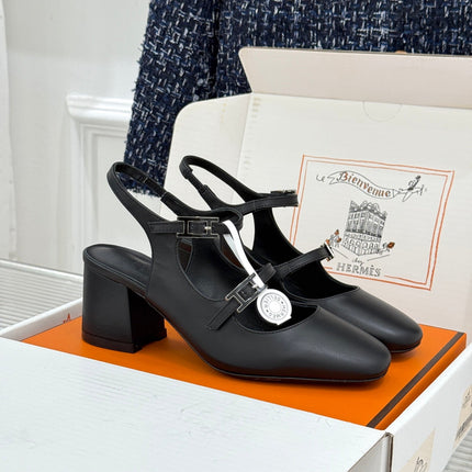HM 26S SLINGBACK HIGH HEELS IN BLACK CALFSKIN