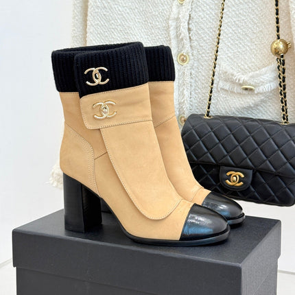 CHANEL 26S KNIT CUFF ANKLE BOOTS IN BEIGE SUEDE WITH BLACK CALFSKIN CAP TOE GOLD HARDWARE