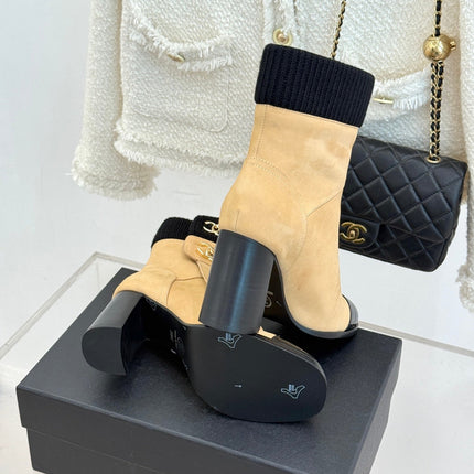 CHANEL 26S KNIT CUFF ANKLE BOOTS IN BEIGE SUEDE WITH BLACK CALFSKIN CAP TOE GOLD HARDWARE