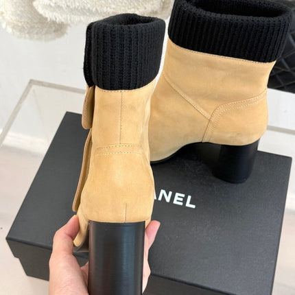 CHANEL 26S KNIT CUFF ANKLE BOOTS IN BEIGE SUEDE WITH BLACK CALFSKIN CAP TOE GOLD HARDWARE