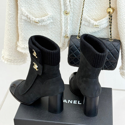 CHANEL 26S KNIT CUFF ANKLE BOOTS IN BLACK SUEDE WITH CALFSKIN CAP TOE GOLD HARDWARE