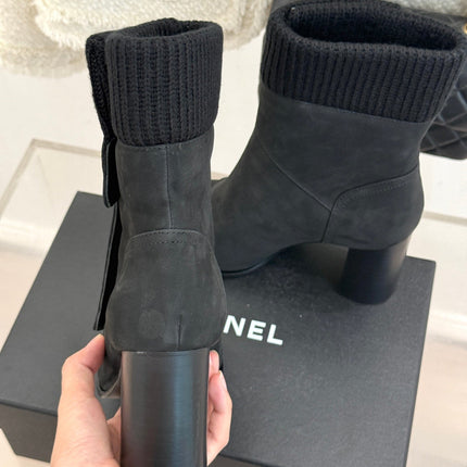 CHANEL 26S KNIT CUFF ANKLE BOOTS IN BLACK SUEDE WITH CALFSKIN CAP TOE GOLD HARDWARE
