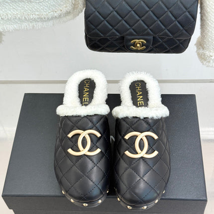 CHANEL 26S QUILTED SHEARLING LINED CLOG MULES IN BLACK CALFSKIN GOLD HARDWARE