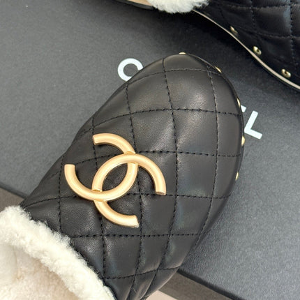 CHANEL 26S QUILTED SHEARLING LINED CLOG MULES IN BLACK CALFSKIN GOLD HARDWARE