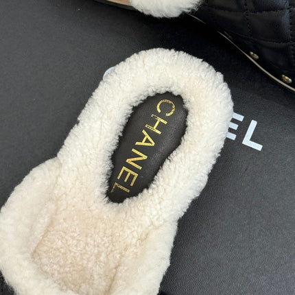 CHANEL 26S QUILTED SHEARLING LINED CLOG MULES IN BLACK CALFSKIN GOLD HARDWARE
