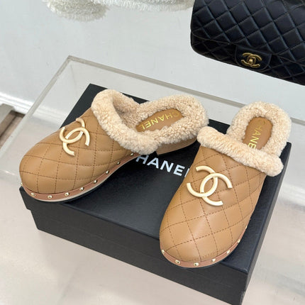 CHANEL 26S QUILTED SHEARLING LINED CLOG MULES IN DARK BEIGE CALFSKIN GOLD HARDWARE
