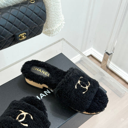 CHANEL 26S SLIDE SANDALS IN BLACK TEDDY FLEECE GOLD HARDWARE