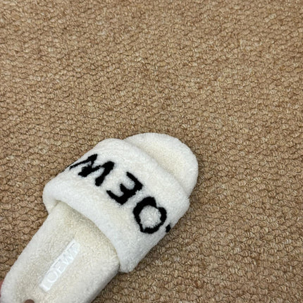 LOEWE 26S FLUFFY SLIDE SANDALS IN WHITE SHEARLING LOGO