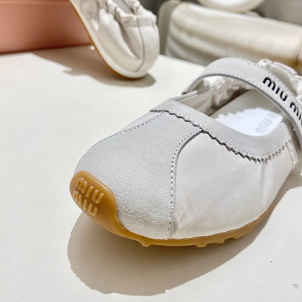 MIUMIU 26S RUCHES NAPPA BALLERINAS IN CREAM WHITE SUEDE AND FABRIC