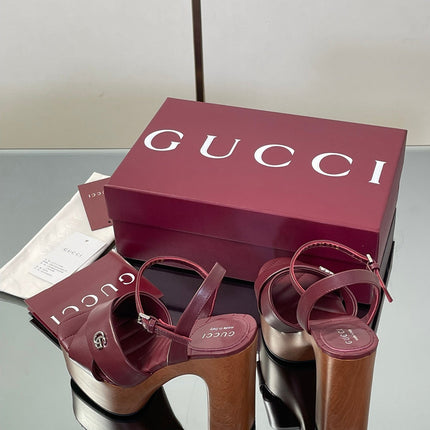 GUCCI 26S DOUBLE G LOGO PLATFORM SANDAL HEELS 130MM IN BURGUNDY RED CALFSKIN