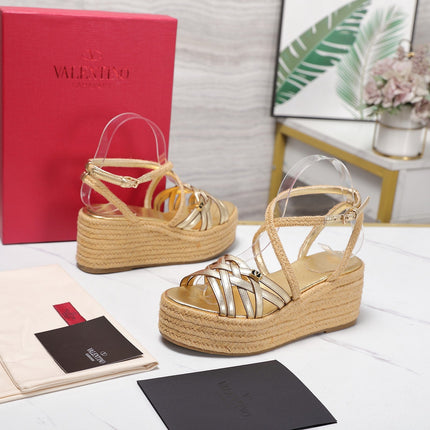 VALENTINO 26S WEDGE SANDALS 60MM IN GOLD CALFSKIN WITH BRAIDED STRAPS